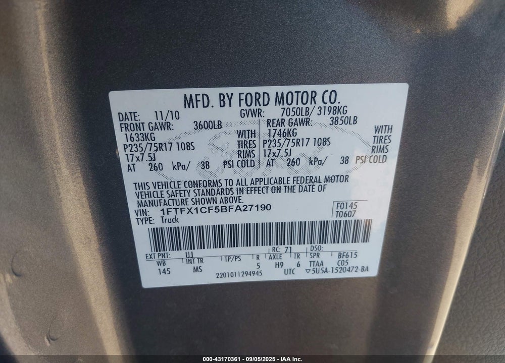 2011 FORD F-150 VIN: 1FTFX1CF5BFA27190