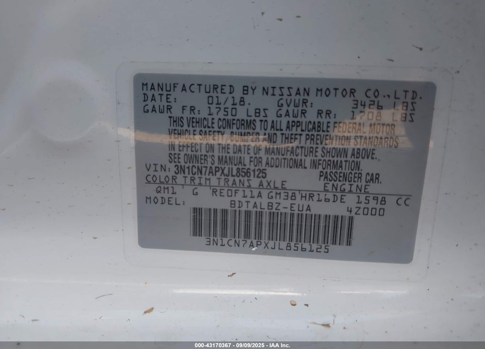 2018 NISSAN VERSA VIN: 3N1CN7APXJL856125