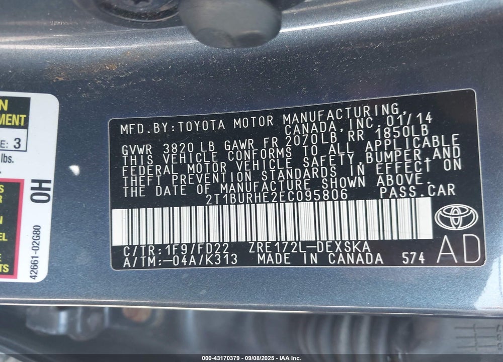 2014 TOYOTA COROLLA VIN: 2T1BURHE2EC095806