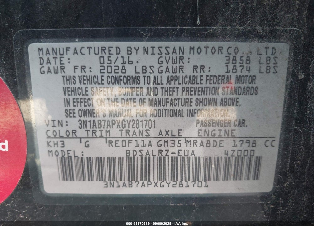2016 NISSAN SENTRA SR VIN: 3N1AB7APXGY281701