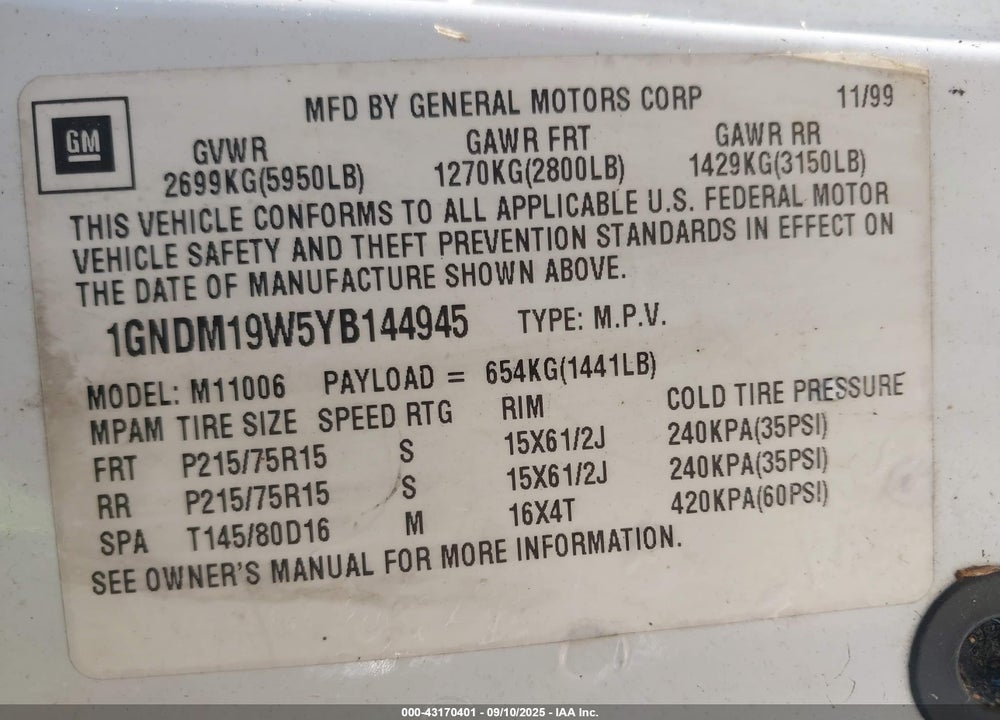 2000 CHEVROLET ASTRO VIN: 1GNDM19W5YB144945