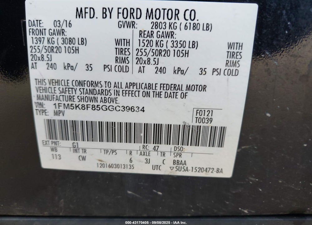 2016 FORD EXPLORER VIN: 1FM5K8F85GGC39634