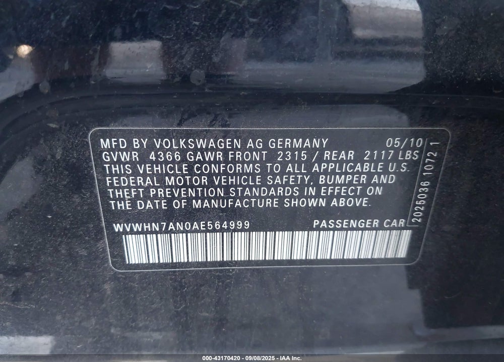 2010 VOLKSWAGEN CC LUXURY VIN: WVWHN7AN0AE564999