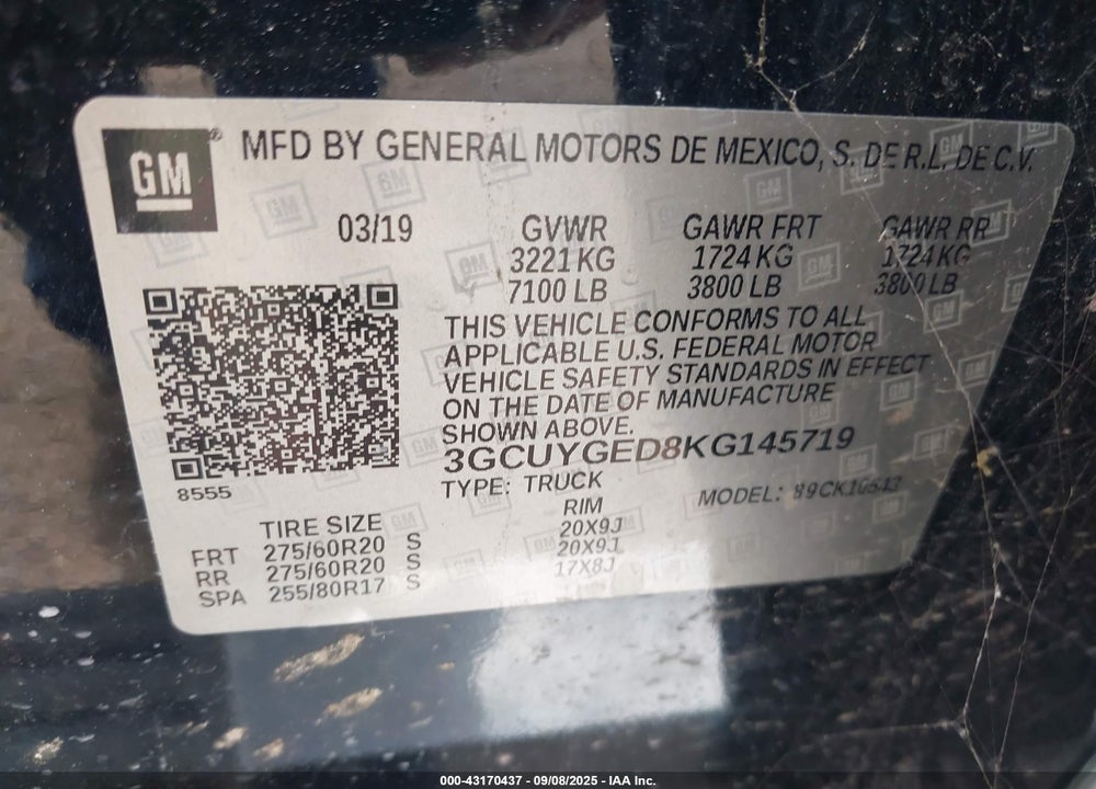 2019 CHEVROLET SILVERADO 1500 LTZ VIN: 3GCUYGED8KG145719