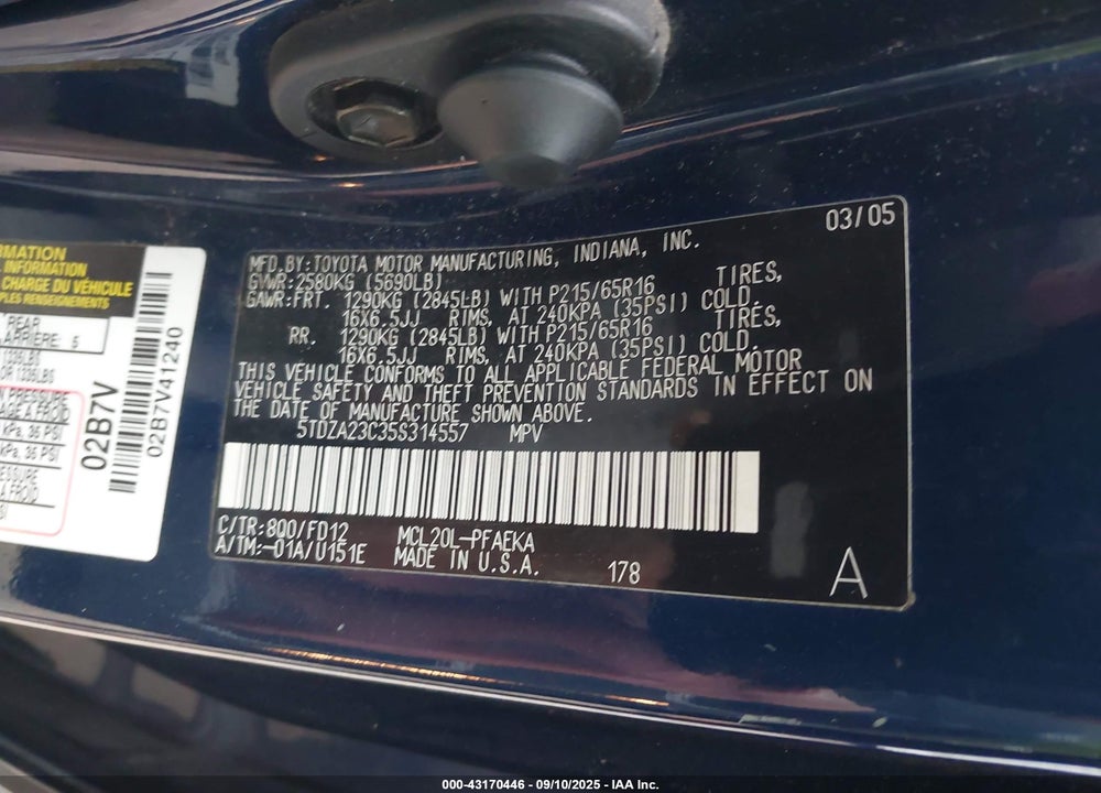 2005 TOYOTA SIENNA CE VIN: 5TDZA23C35S314557