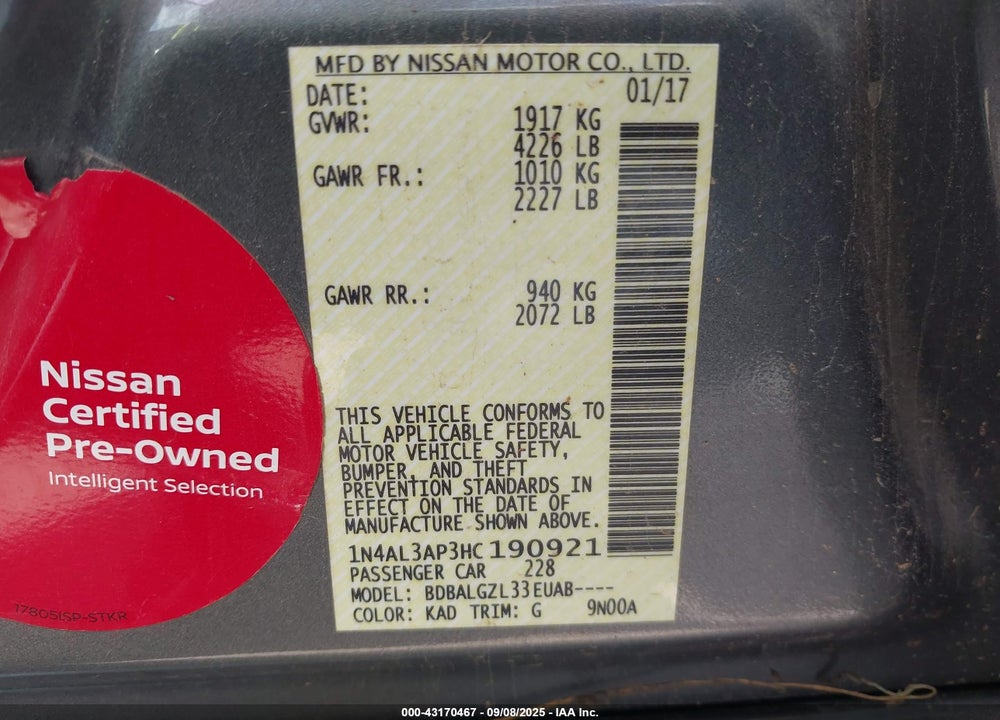 2017 NISSAN ALTIMA VIN: 1N4AL3AP3HC190921