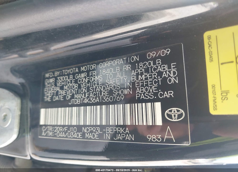 2010 TOYOTA YARIS VIN: JTDBT4K36A1360769