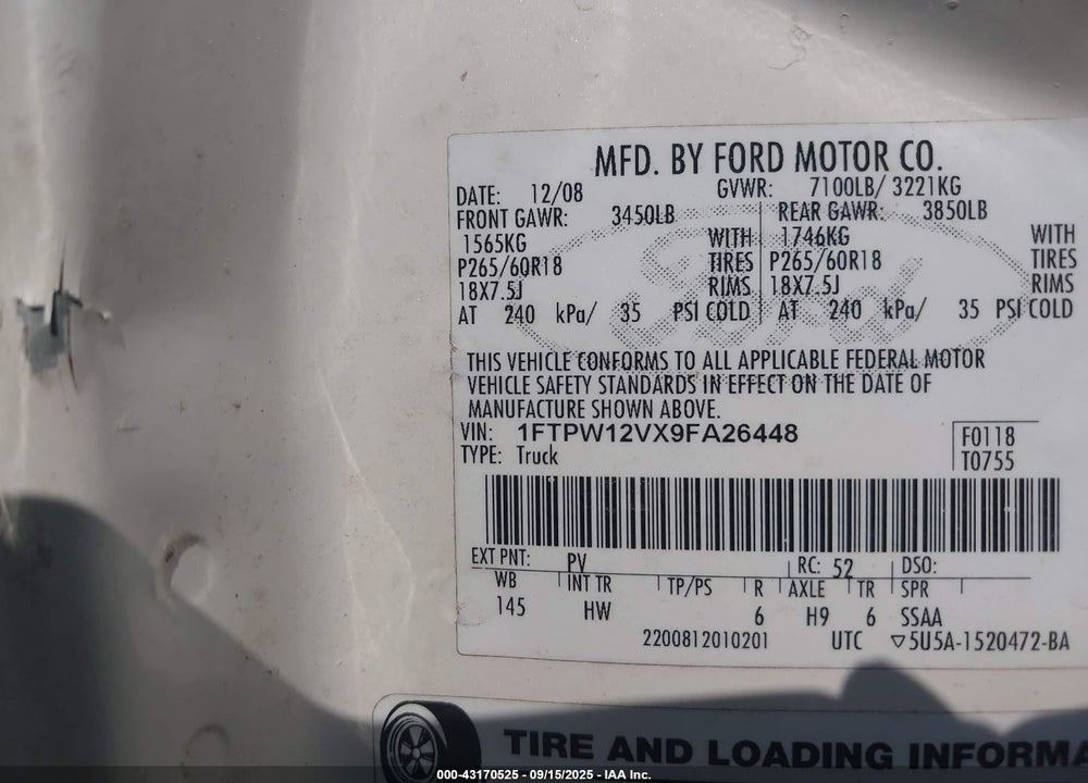 2009 FORD F-150 VIN: 1FTPW12VX9FA26448