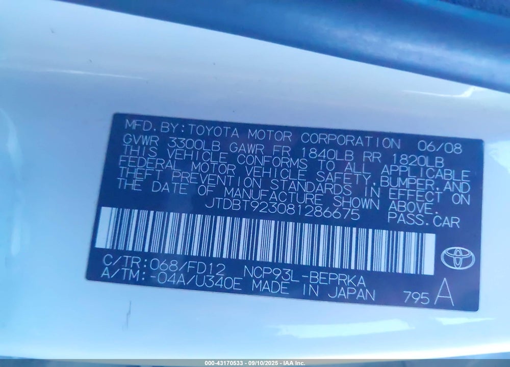 2008 TOYOTA YARIS VIN: JTDBT923081286675