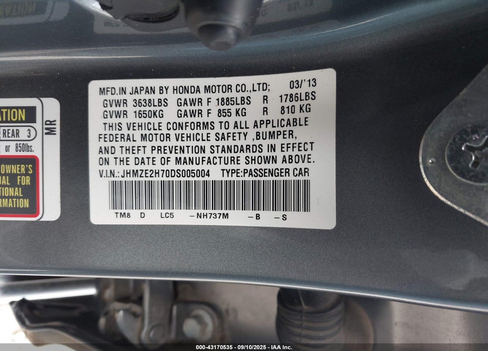 2013 HONDA INSIGHT VIN: JHMZE2H70DS005004