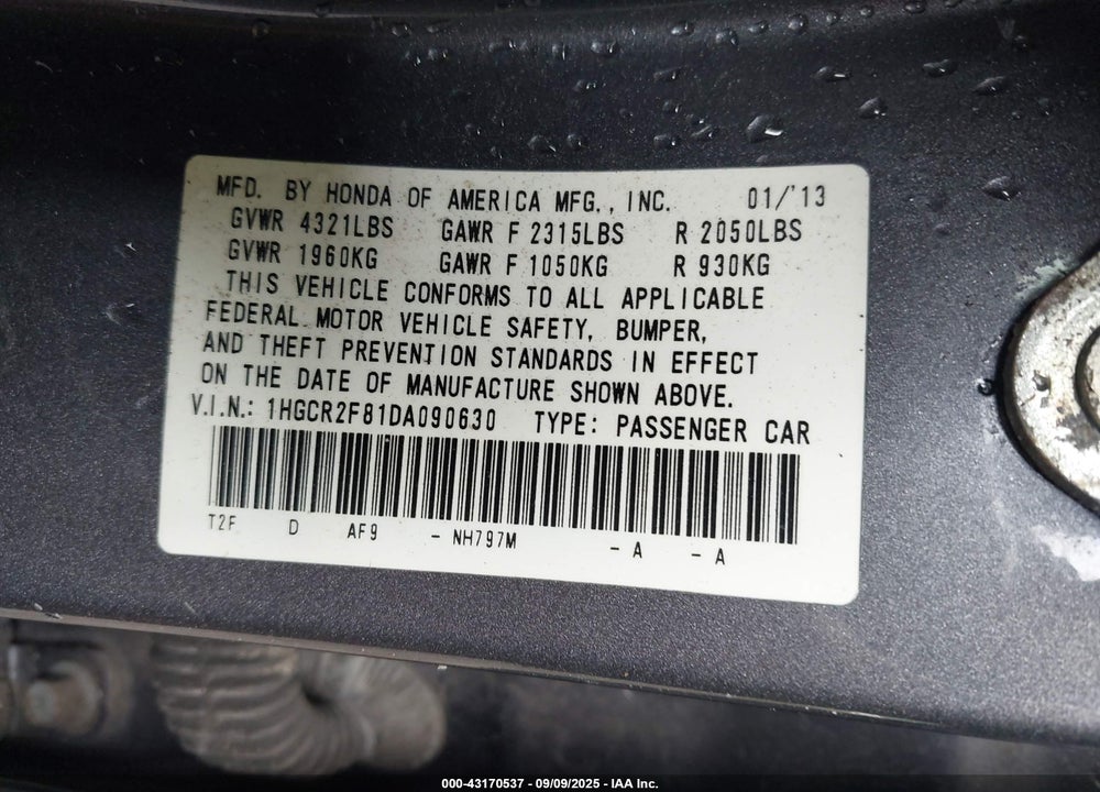 2013 HONDA ACCORD VIN: 1HGCR2F81DA090630