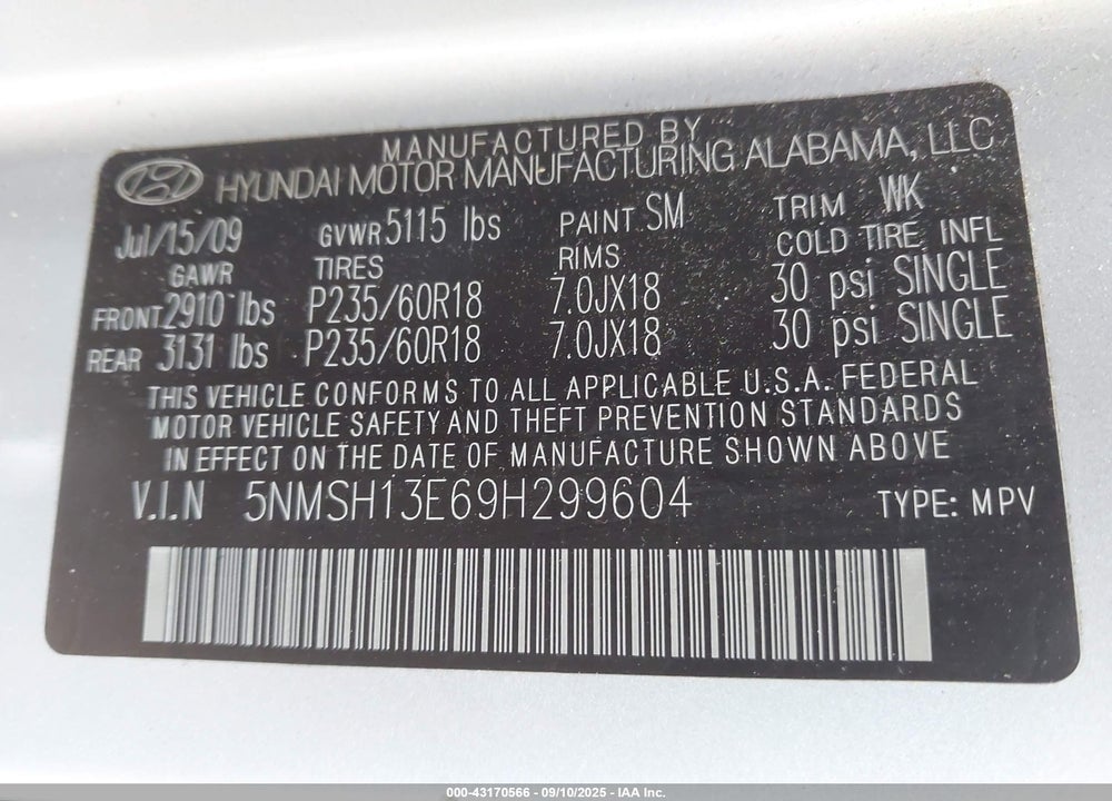 2009 HYUNDAI SANTA FE VIN: 5NMSH13E69H299604