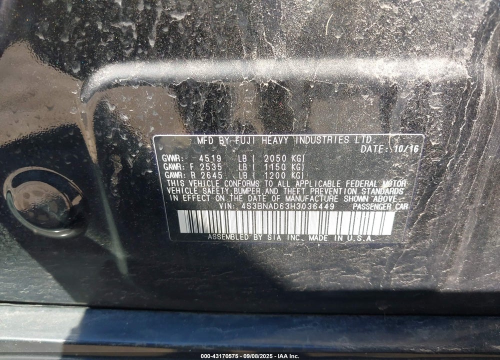 2017 SUBARU LEGACY VIN: 4S3BNAD63H3036449