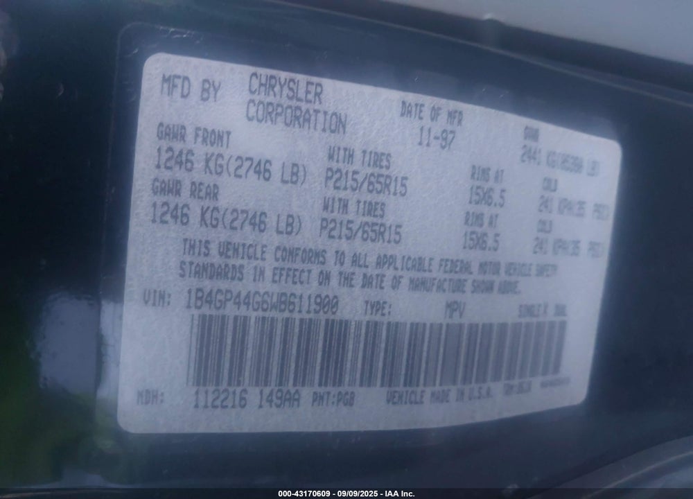 1998 DODGE GRAND CARAVAN SE VIN: 1B4GP44G6WB611900