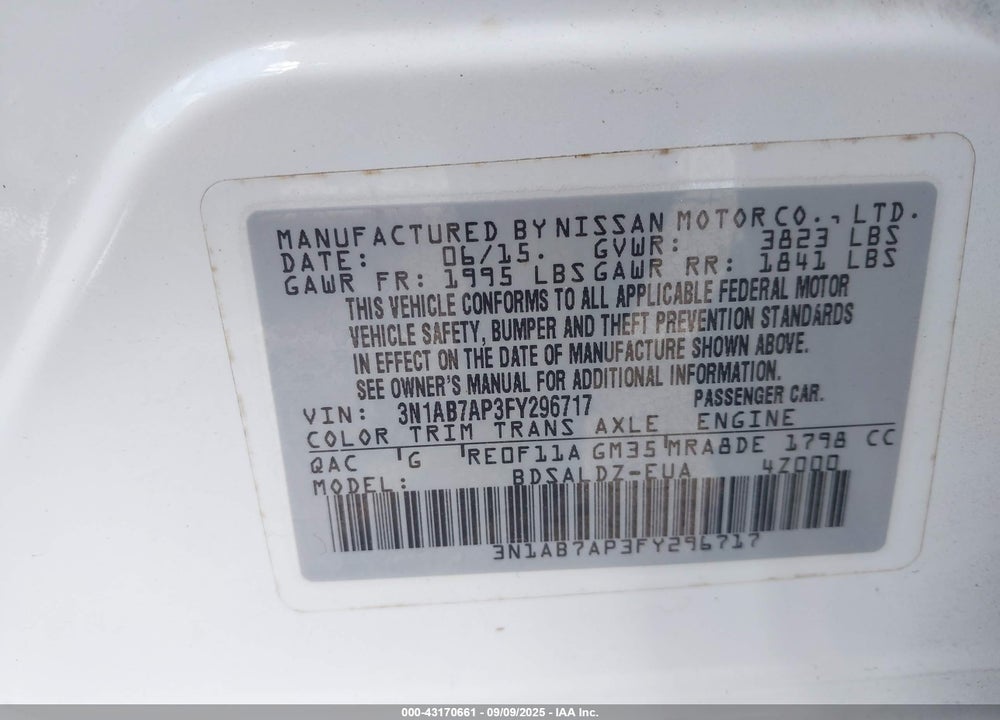 2015 NISSAN SENTRA VIN: 3N1AB7AP3FY296717