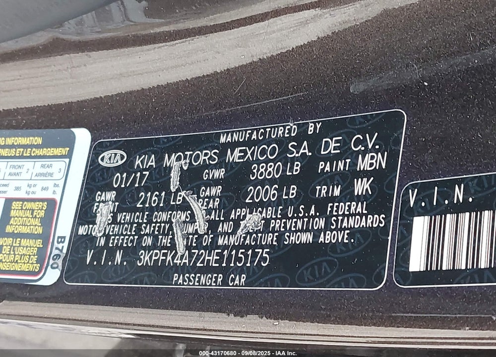 2017 KIA FORTE VIN: 3KPFK4A72HE115175