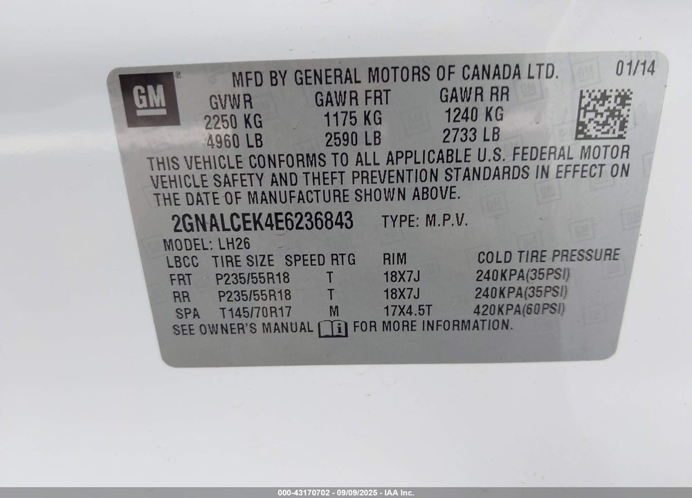 2014 CHEVROLET EQUINOX VIN: 2GNALCEK4E6236843