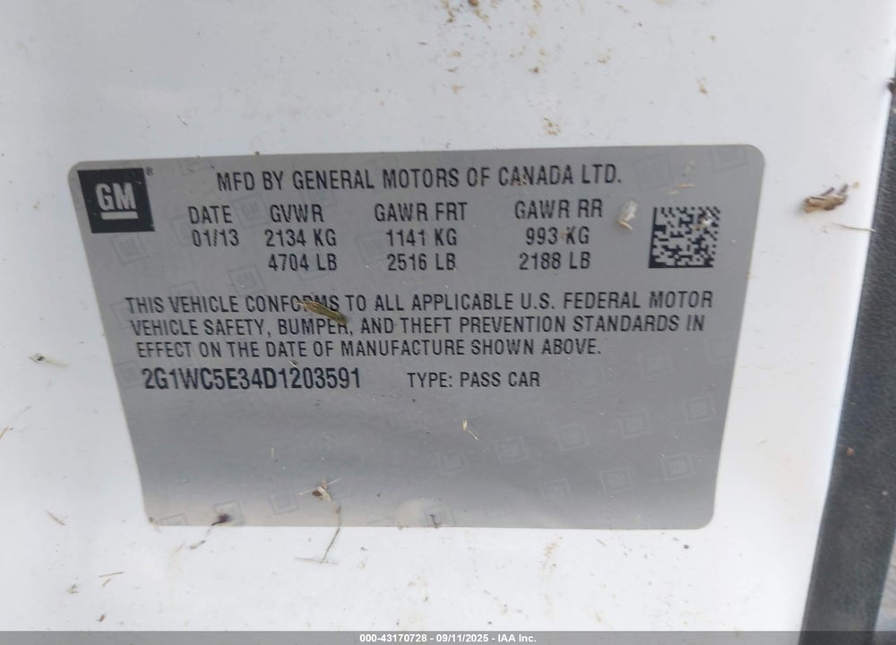 2013 CHEVROLET IMPALA LTZ VIN: 2G1WC5E34D1203591