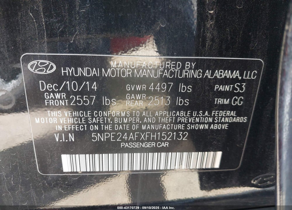 2015 HYUNDAI SONATA SE VIN: 5NPE24AFXFH152132