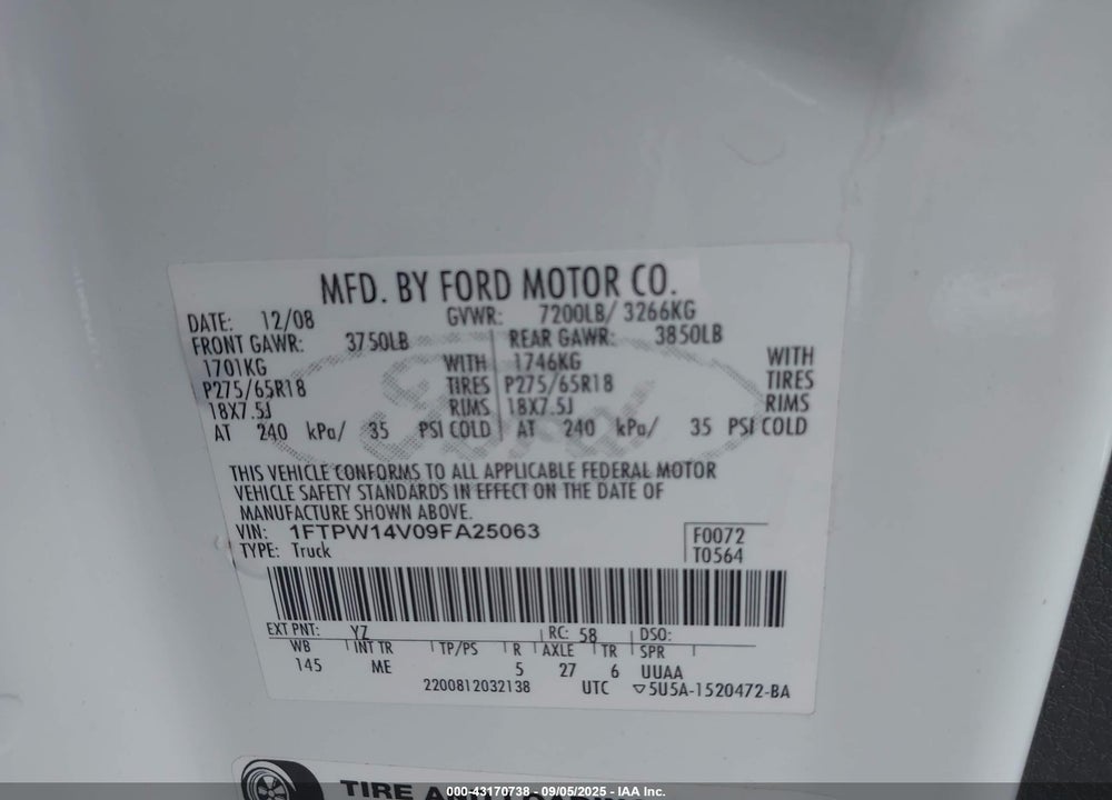 2009 FORD F-150 XLT VIN: 1FTPW14V09FA25063