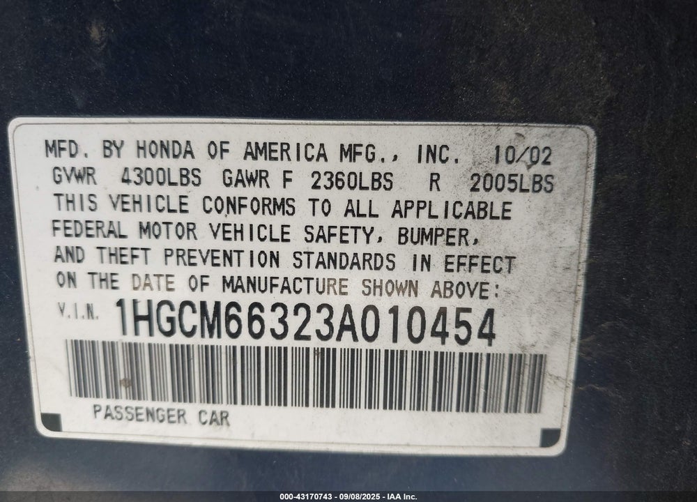 2003 HONDA ACCORD 3.0 LX VIN: 1HGCM66323A010454