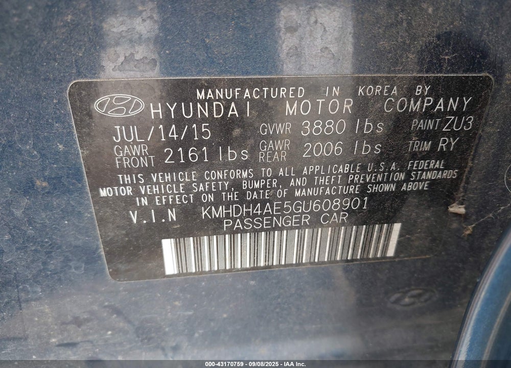 2016 HYUNDAI ELANTRA VIN: KMHDH4AE5GU608901