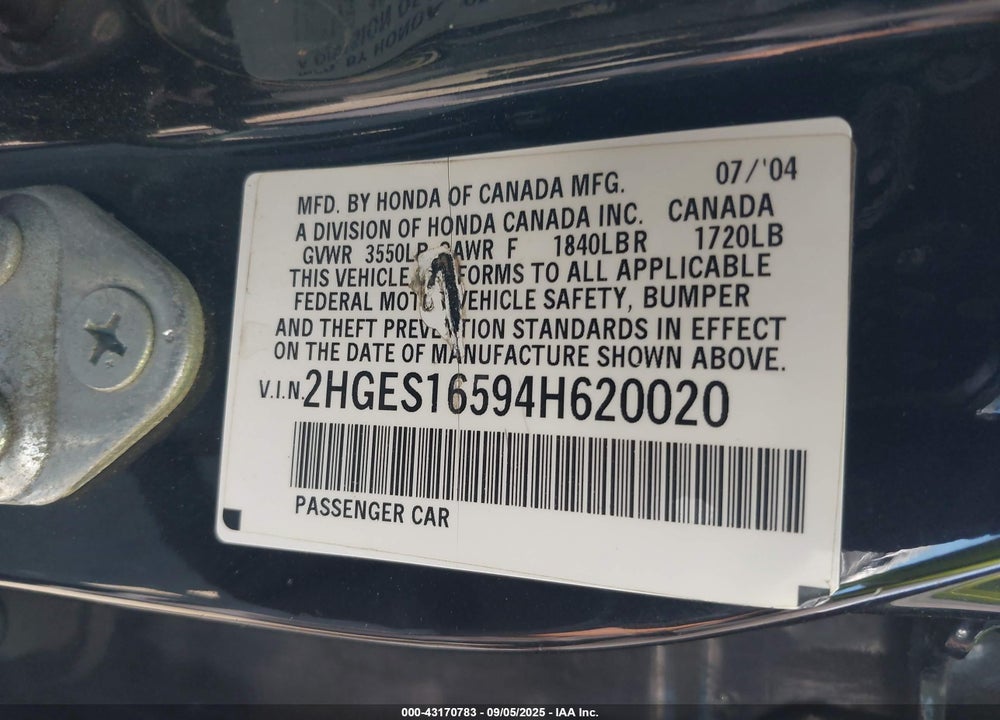 2004 HONDA CIVIC LX VIN: 2HGES16594H620020