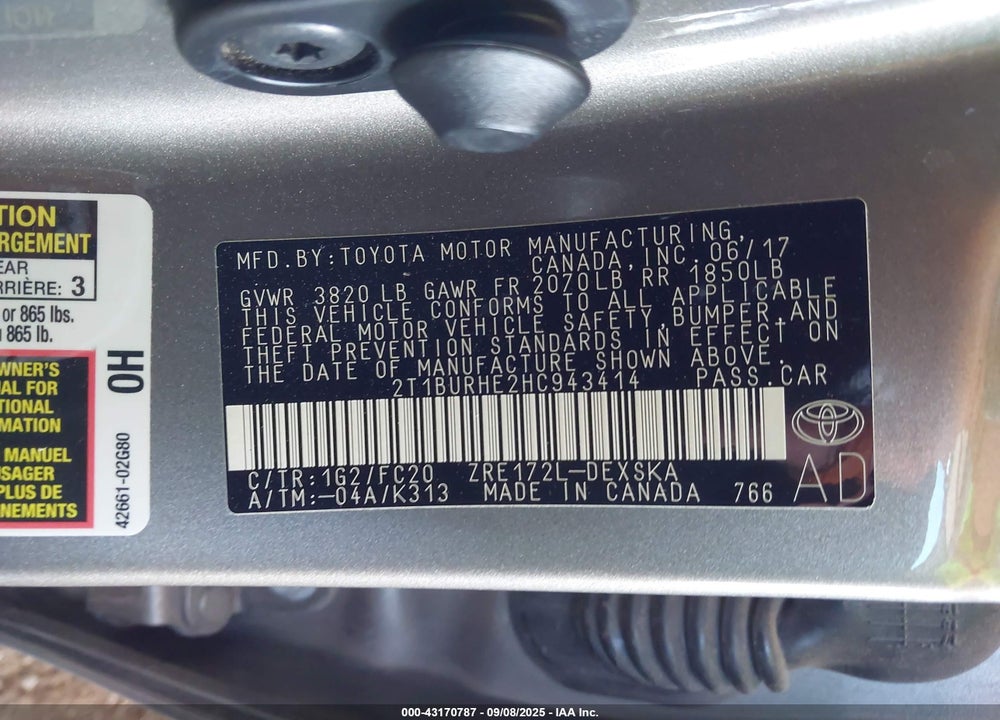 2017 TOYOTA COROLLA VIN: 2T1BURHE2HC943414