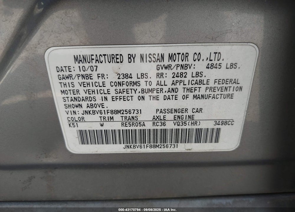 2008 INFINITI G35X VIN: JNKBV61F88M256731