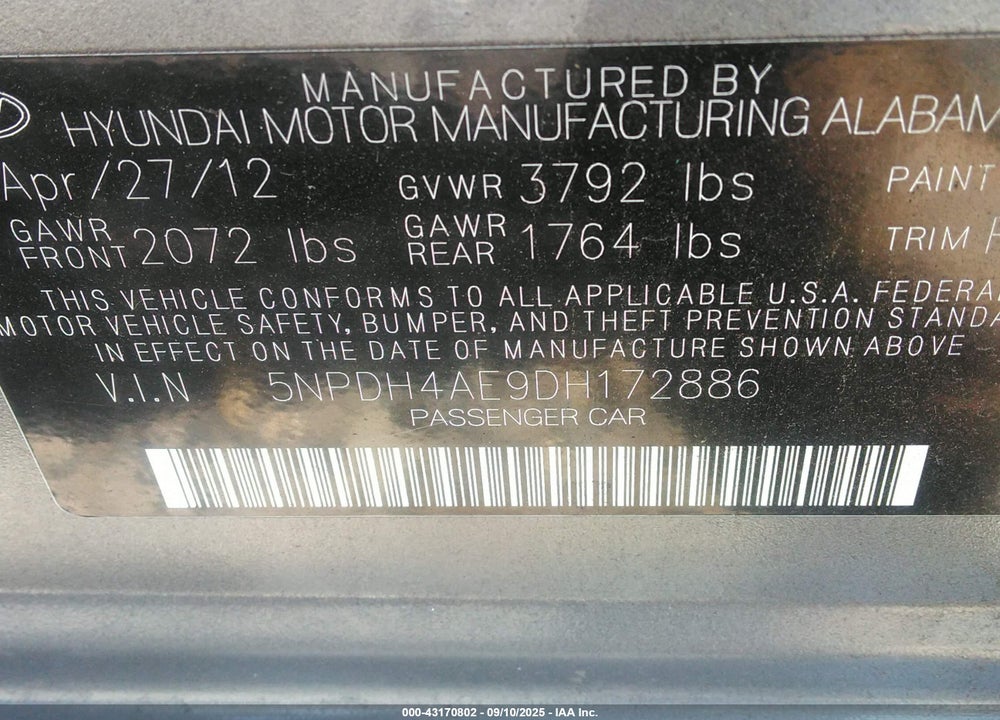 2013 HYUNDAI ELANTRA VIN: 5NPDH4AE9DH172886
