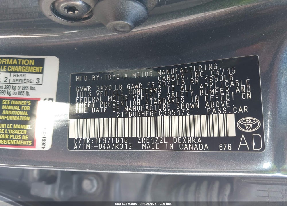 2015 TOYOTA COROLLA VIN: 2T1BURHE6FC395172