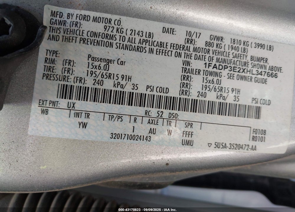 2017 FORD FOCUS VIN: 1FADP3E2XHL347666