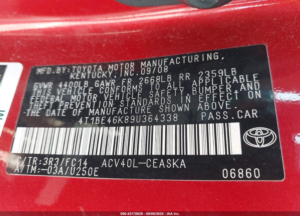 2009 TOYOTA CAMRY VIN: 4T1BE46K89U364338