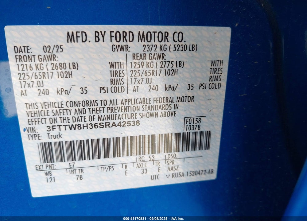 2025 FORD MAVERICK XLT VIN: 3FTTW8H36SRA42538