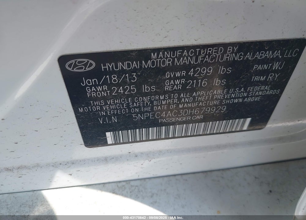2013 HYUNDAI SONATA VIN: 5NPEC4AC3DH679929
