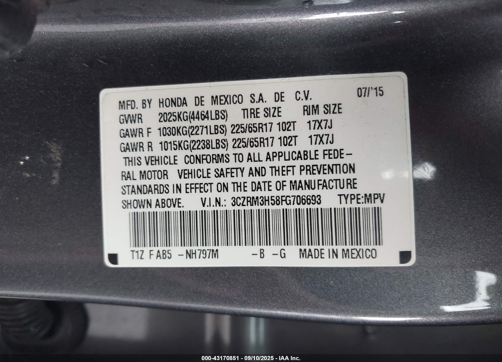 2015 HONDA CR-V VIN: 3CZRM3H58FG706693