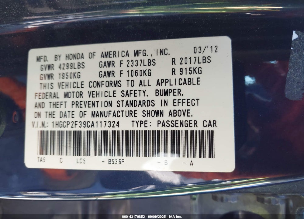 2012 HONDA ACCORD VIN: 1HGCP2F39CA117324