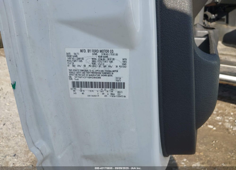 2011 FORD F-150 VIN: 1FTNF1CF1BKD84386