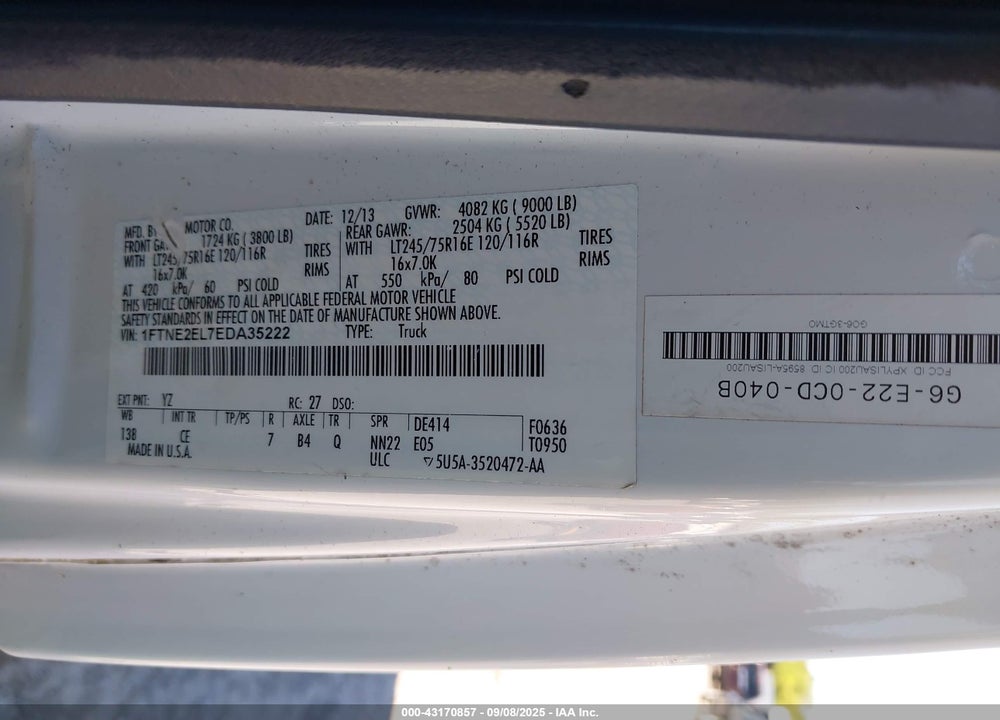 2014 FORD E-250 COMMERCIAL VIN: 1FTNE2EL7EDA35222
