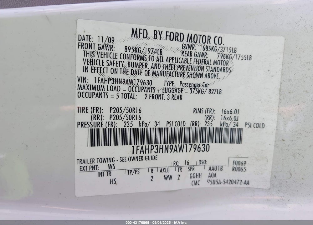 2010 FORD FOCUS VIN: 1FAHP3HN9AW179630