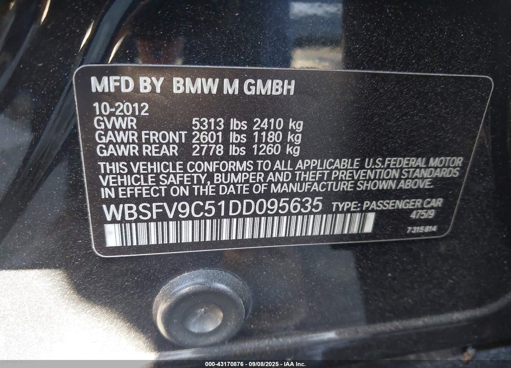 2013 BMW M5 VIN: WBSFV9C51DD095635