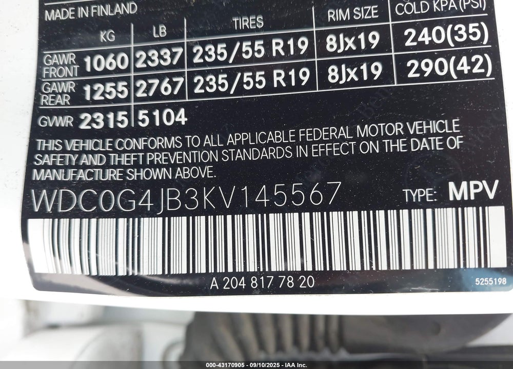 2019 MERCEDES-BENZ GLC 300 VIN: WDC0G4JB3KV145567