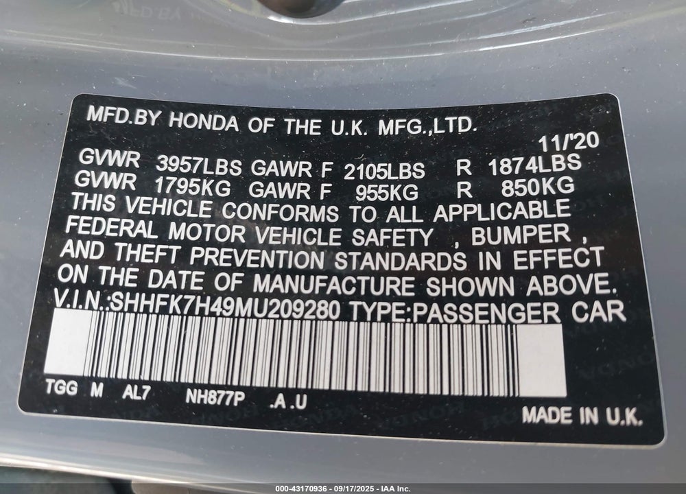 2021 HONDA CIVIC VIN: SHHFK7H49MU209280