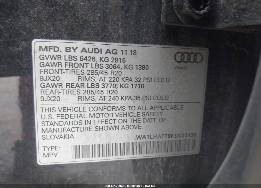2019 AUDI Q7 45 PREMIUM/45 SE PREMIUM VIN: WA1LHAF79KD022438