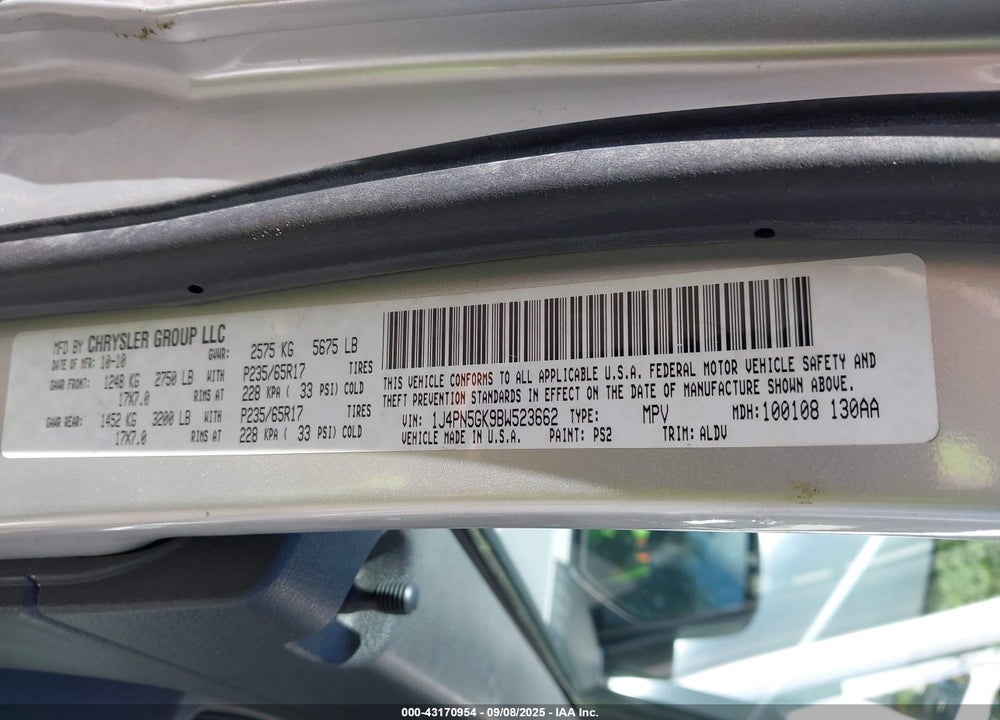 2011 JEEP LIBERTY VIN: 1J4PN5GK9BW523662