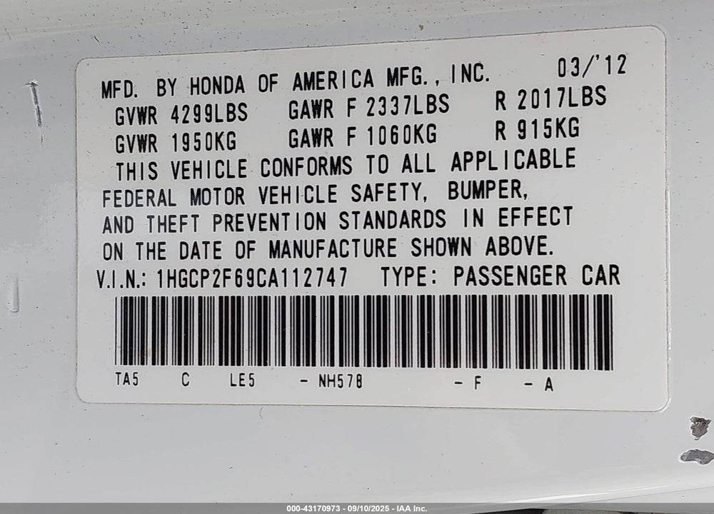 2012 HONDA ACCORD VIN: 1HGCP2F69CA112747