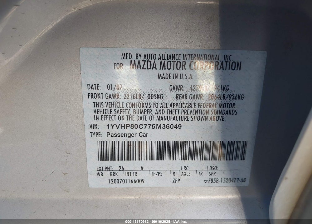 2007 MAZDA 6 VIN: 1YVHP80C775M36049