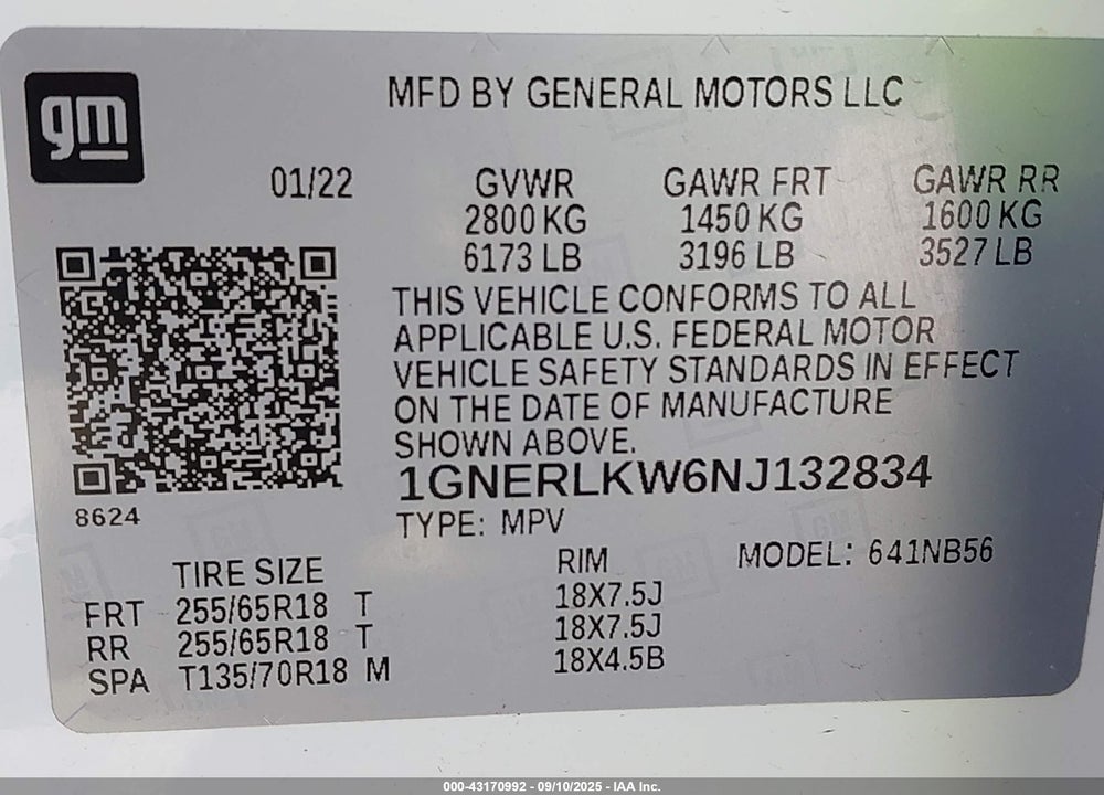 2022 CHEVROLET TRAVERSE FWD 1FL VIN: 1GNERLKW6NJ132834