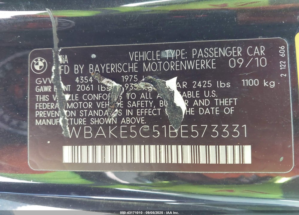 2011 BMW 3 SERIES VIN: WBAKE5C51BE573331