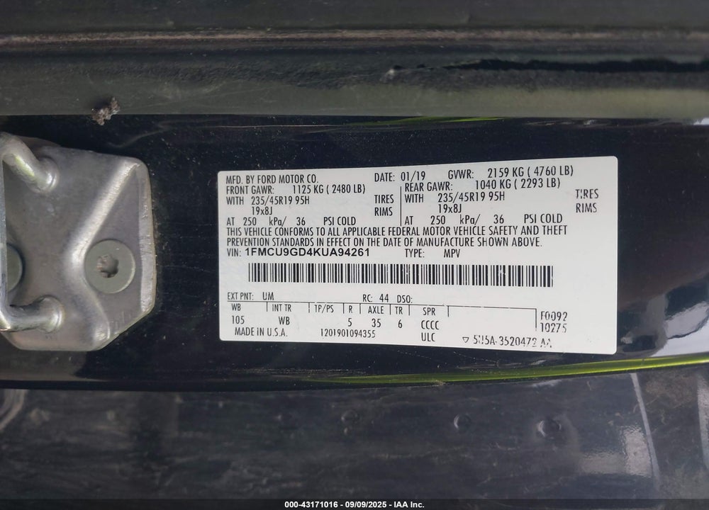 2019 FORD ESCAPE SE VIN: 1FMCU9GD4KUA94261